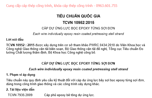 Tiêu chuẩn quốc gia TCVN 10952:2015 - Cáp dự ứng lực bọc epoxy từng sợi đơn